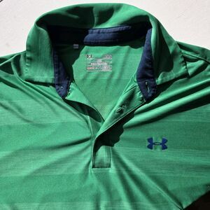 Under Armour Polo Shirt Large Green Striped Loose Fit Heat Gear Short Sleeve EUC
